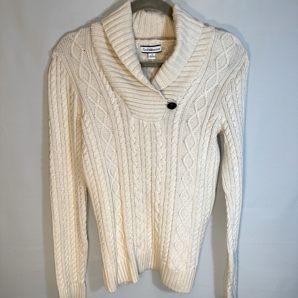 Croft & Barrow Cream Cotton Cable Knit Long Sleeve Chunky Neck Collar Sweater S